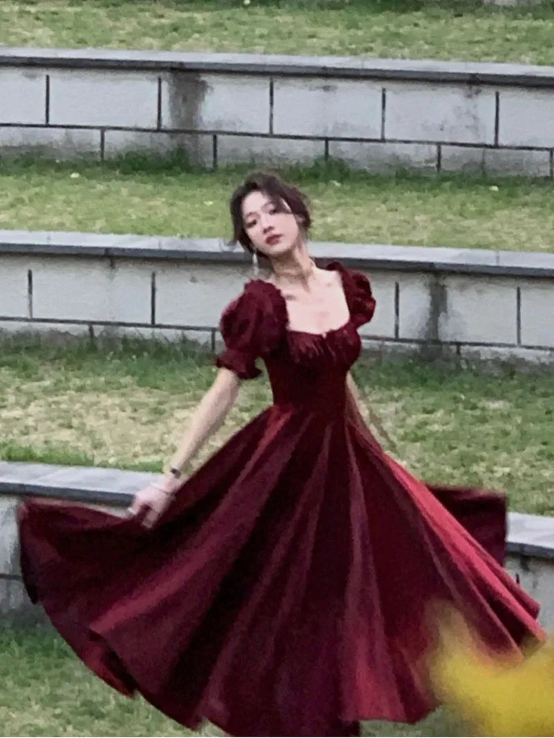 French Vintage Burgundy Evening Party Dress Women 2023 Summer Elegant Romantic Prom Vestidos Korean A-Line Graduation Dresses-Gennys fashion