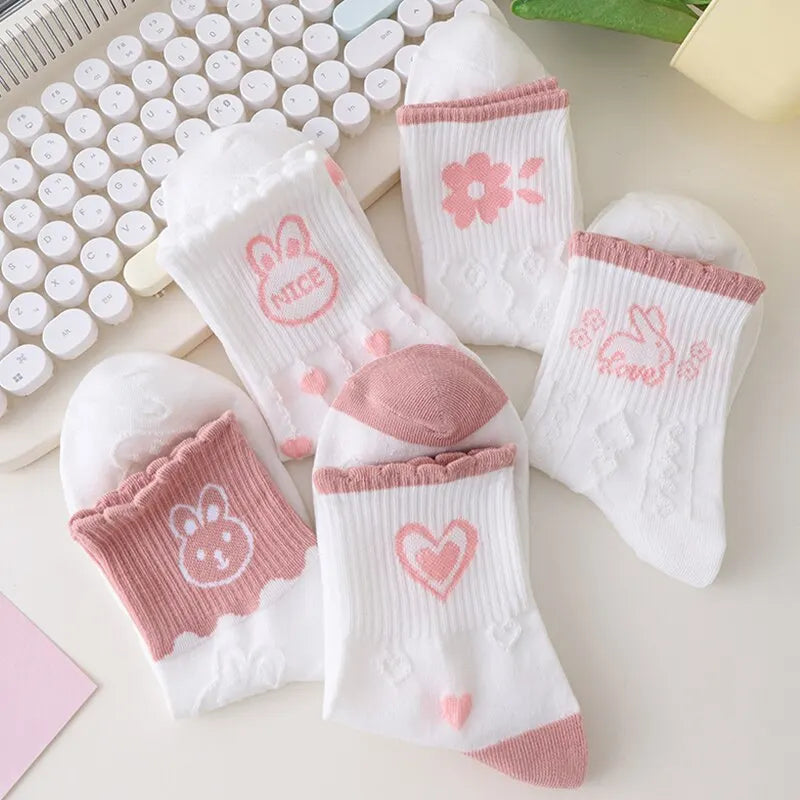 5 Pairs Women Middle Tube Socks Heart Cute Fashion Casual White Four Season Ruffles Pattern Pink Harajuku Kawaii Girls-Gennys fashion