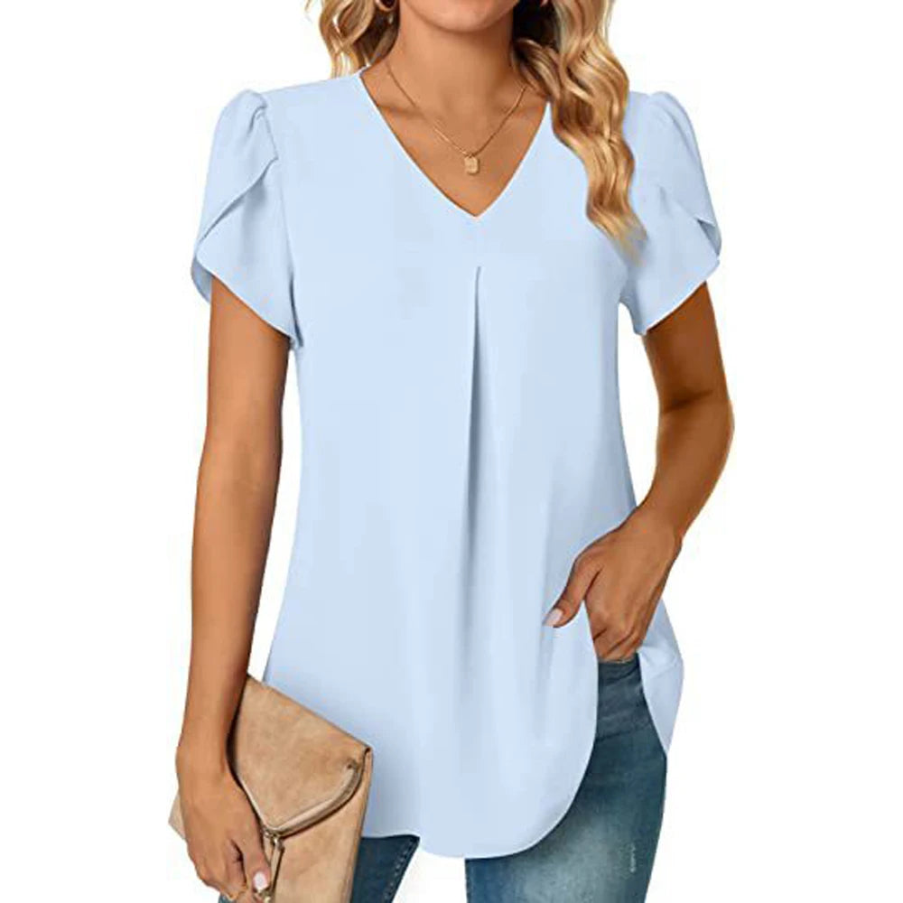 Sexy V Neck Ruffle Short Sleeve Blouse Shirts Summer Women V Neck Solid Color Loose OL Workout Blouse Tops SZE-ST23015-Gennys fashion
