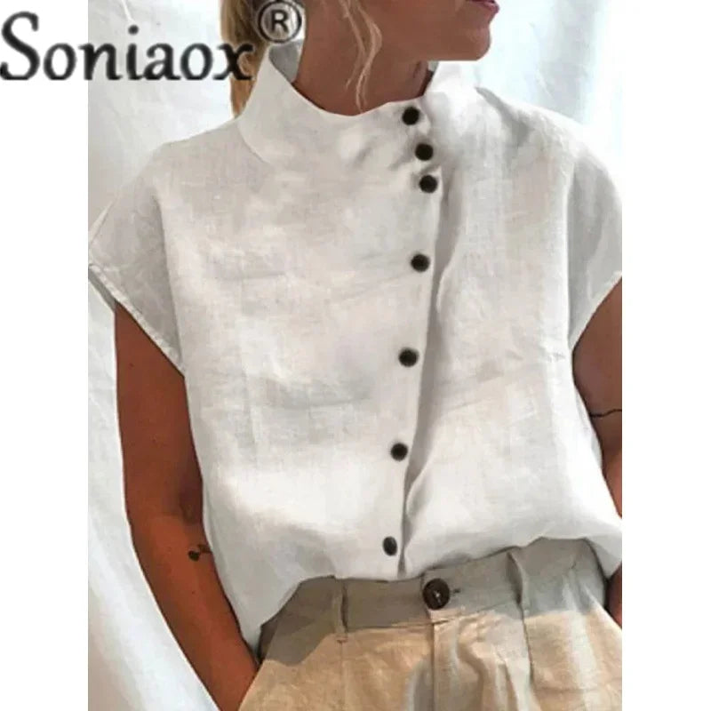 Elegant Cotton Linen Stand Neck Shirt Female 2023 Summer Simple Style Single-Breasted Cardigan Tops Women'S Casual Loose Blouse-Gennys fashion