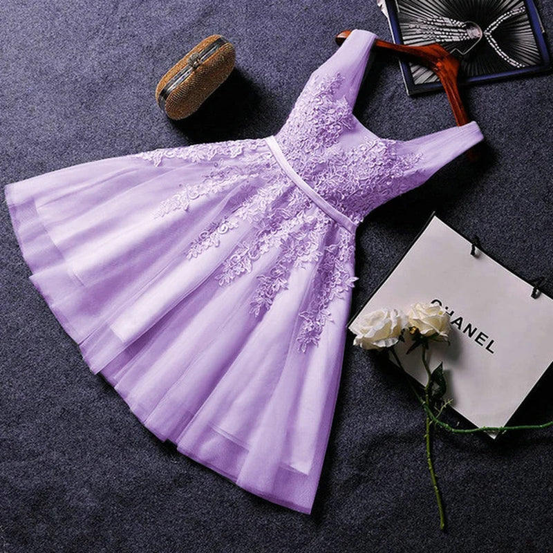 S0125 Prom Dress Short Pink Bridesmaid Dresses Beadings Sexy Neck Lace up Pearls Wedding Party Graduation Gowns-Gennys fashion