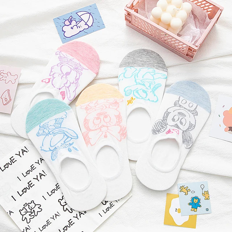 5 Pairs Cotton Woman Sock Mickey Minnie Winnie Daisy Cartoon Girl Slipper Sock Funny Cute Non-Slip Silicone Invisible Ankle Sock-Gennys fashion