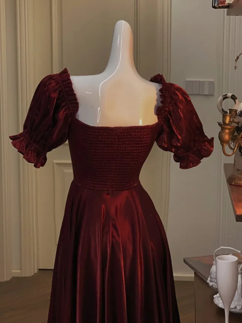 French Vintage Burgundy Evening Party Dress Women 2023 Summer Elegant Romantic Prom Vestidos Korean A-Line Graduation Dresses-Gennys fashion