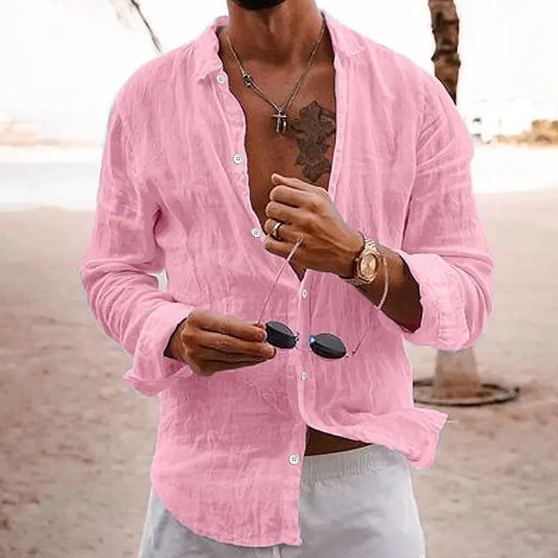 2024 Men'S Cotton Fashion Long Sleeve Shirt Lapel Solid Color Single Breasted Casual Breathable Loose Shirt-Gennys fashion