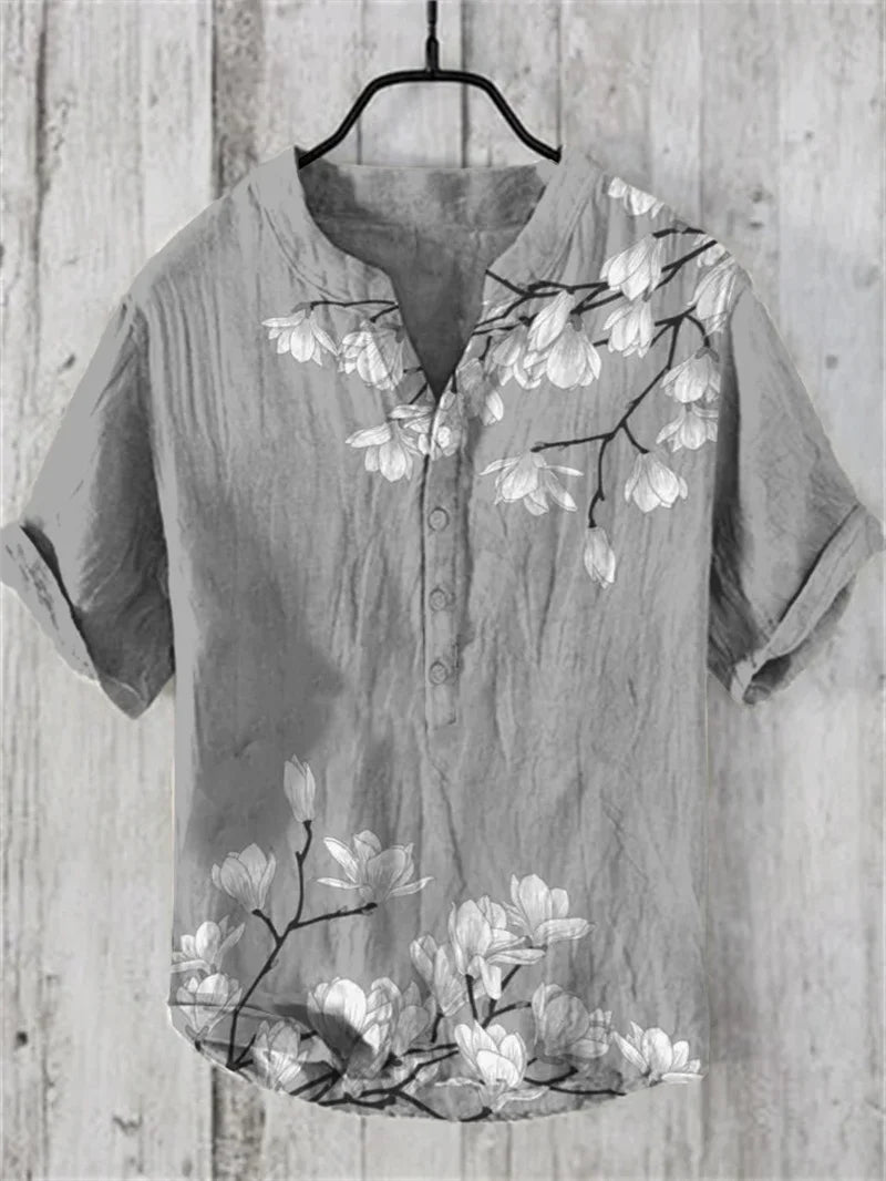 Men'S Retro Hawaiian Art Print Wave Series 3D Digital Printing Casual Loose Short Sleeve Three-Breasted Shirt Linen 100%-Gennys fashion