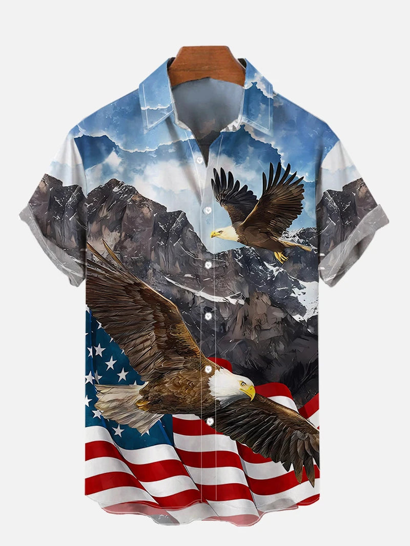 Men'S Shirts American Flag Eagle Pattern 3D Print Tops New Summer Casual Fashion Beach Party Tops Short Sleeves Men Clothing-Gennys fashion