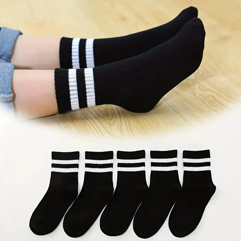 5 Pairs Women'S Mid Length Socks Solid Color Parallel Stripe Simple Fashionable Sports Sweat-Absorbing High-Quality Girls' Socks-Gennys fashion