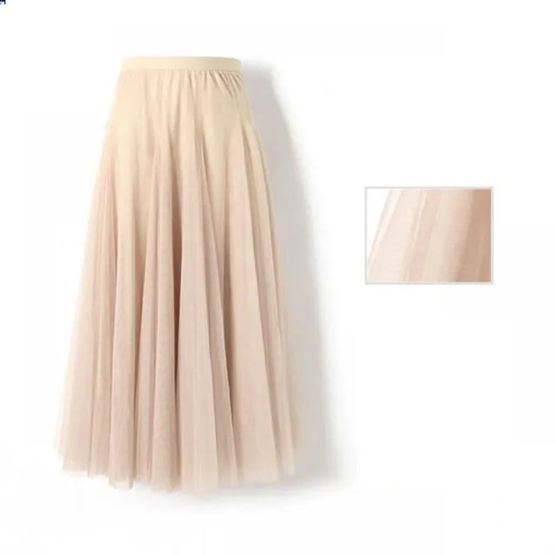 New Women Mesh Elastic Tutu Skirt Beach Spring Summer Korean High Waist Fashion Pleated Long Skirt Black White Tulle Skirts-Gennys fashion