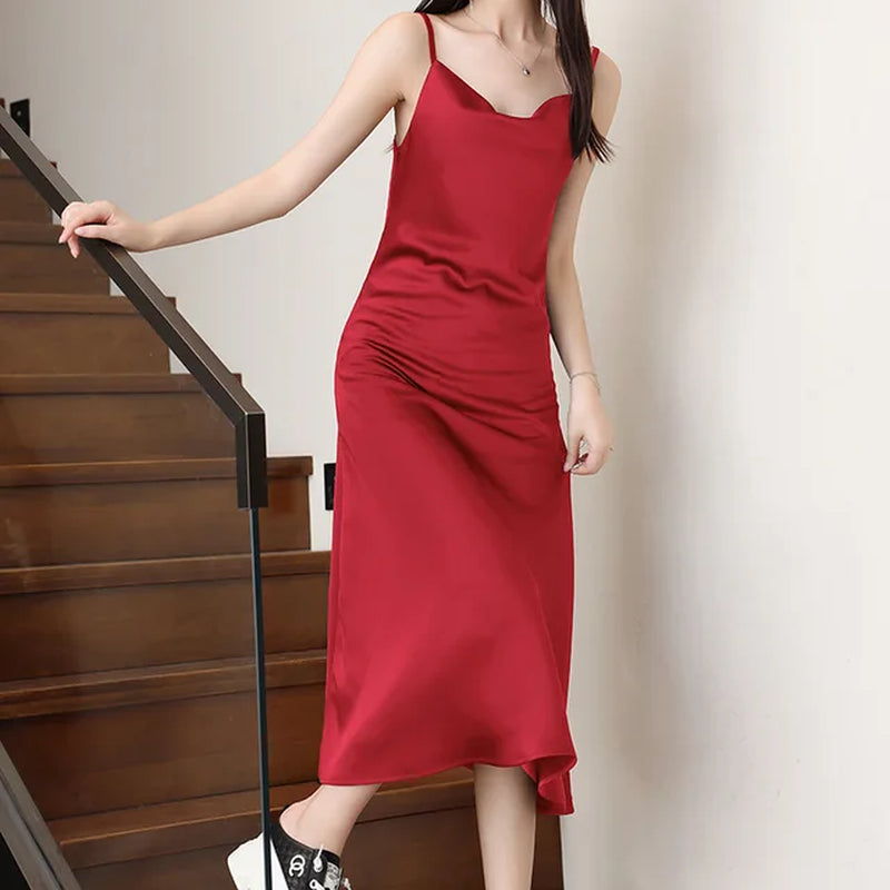 #0107 Summer Camisole Office Satin Dress Women Solid Color Sexy A-Line Midi Dress Ladies Slim Sleeveless Spaghetti Straps Dress-Gennys fashion