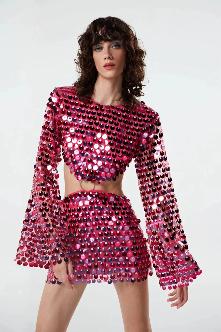 Sequins Hollow Out Mini Dress Woman Fashion Long Flare Sleeve Slim Glitter Dresses High Street Evening Party Club Mini Vestido-Gennys fashion
