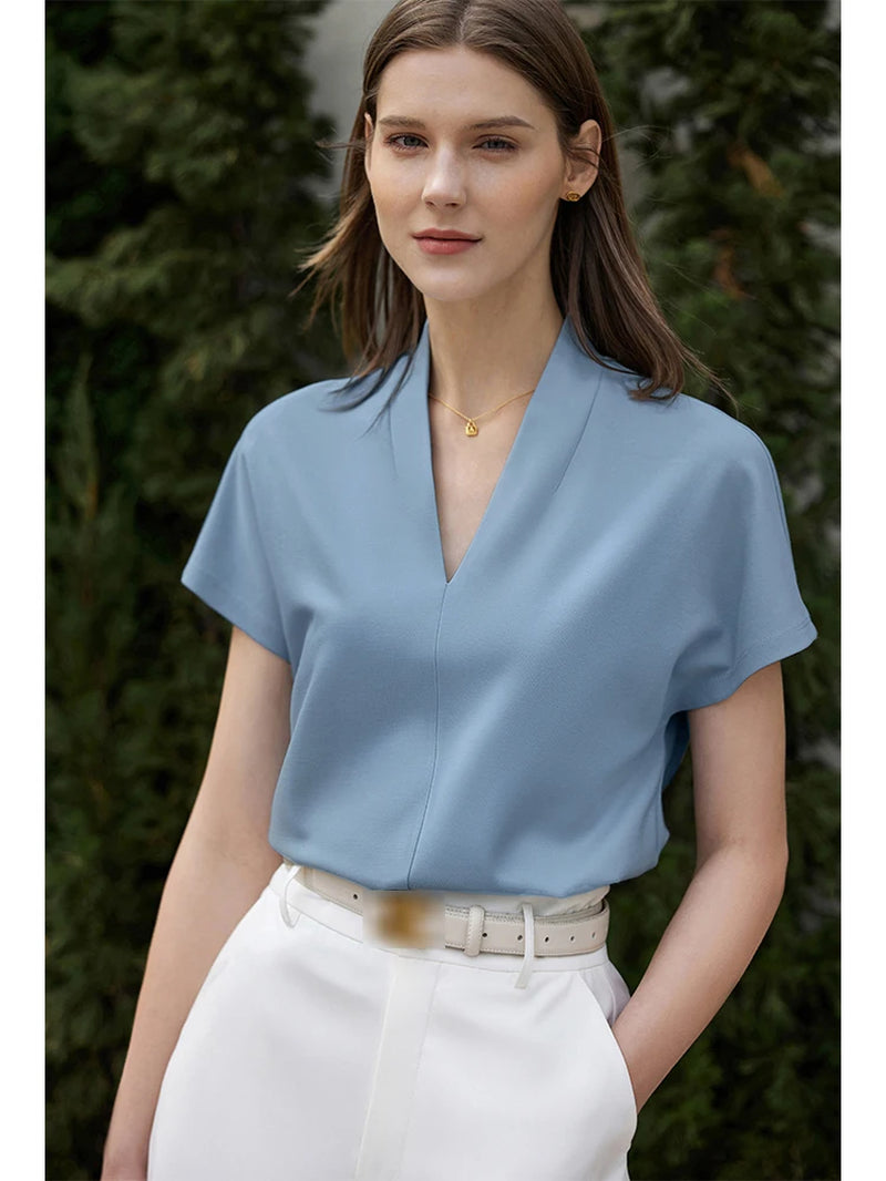 Minimalism 2023 Summer Women'S T-Shirt Classic Style Casual V-Neck Short Sleeve Solid Stretch Female Tops & Tees 12312013-Gennys fashion