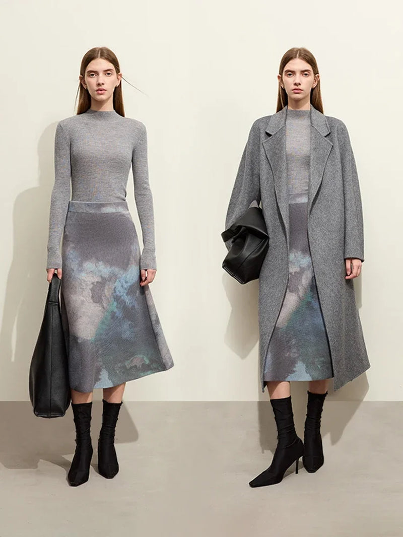 Minimalist 2023 Women'S Skirts Winter New Chinese Style Ink Printed Elastic Waist Wool Female A-Line Knitted Skirt 12354065-Gennys fashion