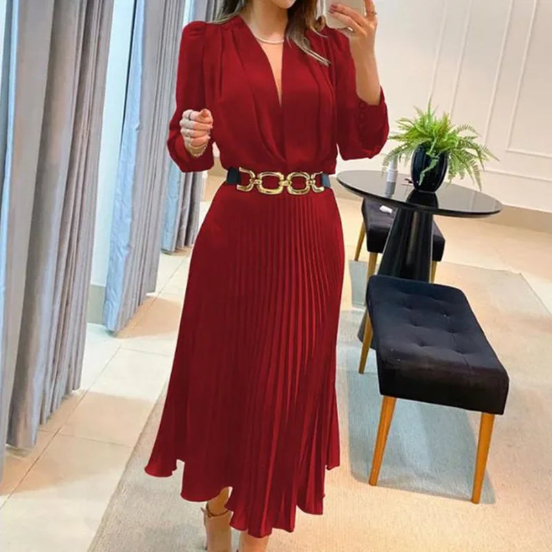 Commuter Lady Elegant Solid Pleated Dress Spring Deep V Neck Solid A-Line Party Dress Women Long Sleeve Hem Autumn Dress Vestido-Gennys fashion
