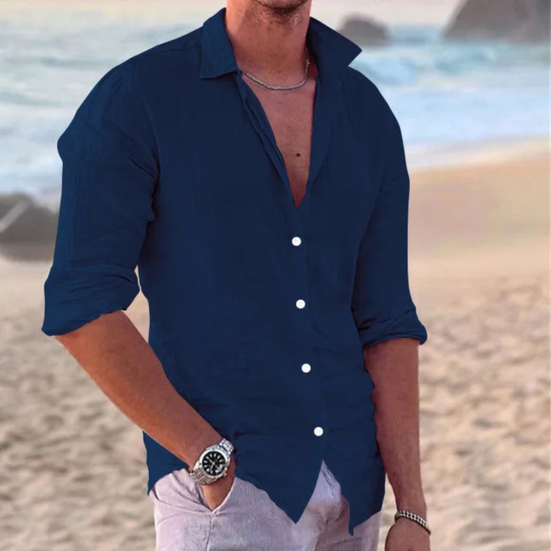 Summer New Fashion Street Men Cotton Linen Slim Casual Men'S Shirt Single Breasted Cardigan Long Sleeve-Gennys fashion