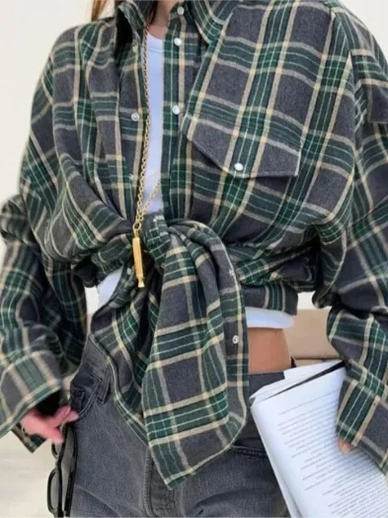 Women Vintage Long Sleeve Shirt Oversized Plaid Shirt Autumn Winter Fashion Loose Lapel Pocket Shirt Fit Blouse Korean Style-Gennys fashion