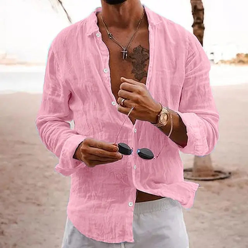2024 Men'S Cotton Fashion Long Sleeve Shirt Lapel Solid Color Single Breasted Casual Breathable Loose Shirt-Gennys fashion
