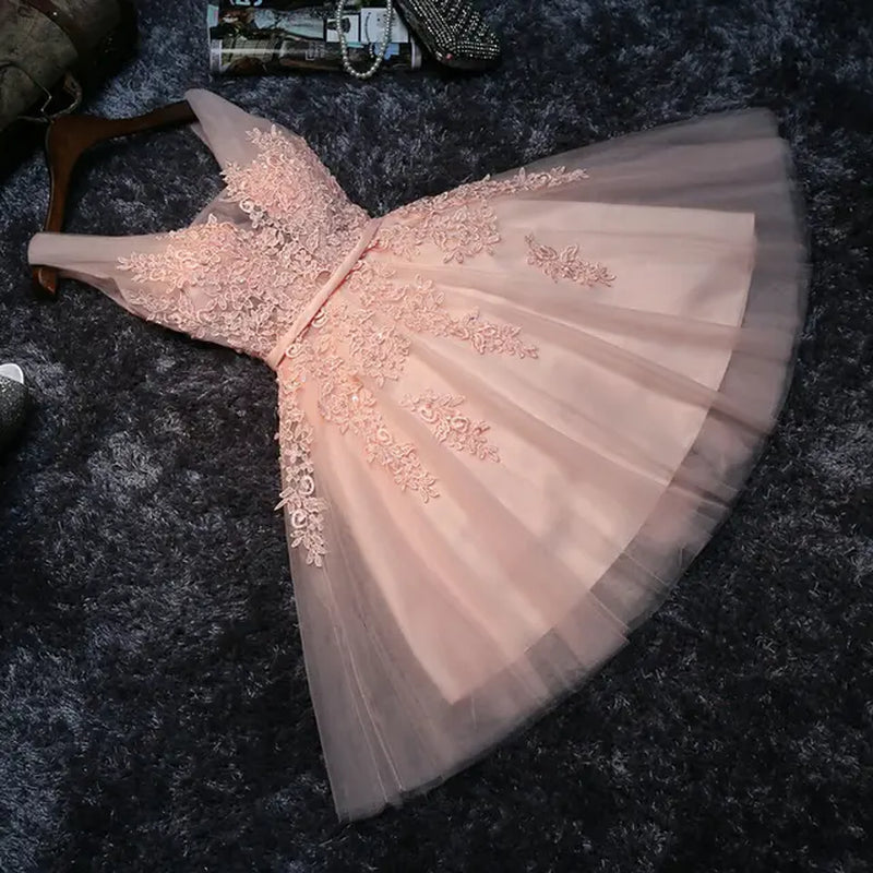 S0125 Prom Dress Short Pink Bridesmaid Dresses Beadings Sexy Neck Lace up Pearls Wedding Party Graduation Gowns-Gennys fashion
