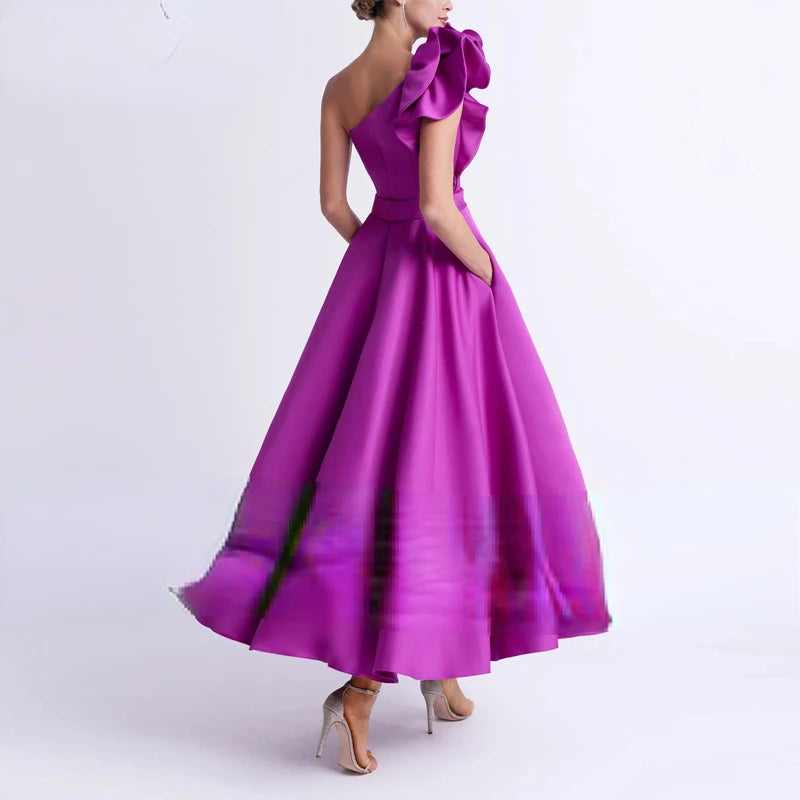 Elegant Short Satin Evening Dresses 2024 One-Shoulder Tea Length Prom Vestidos Wedding Party Dresses with Pockets Vestidos Noche-Gennys fashion