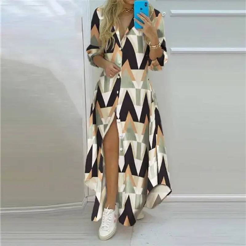2024 Summer Women Boho Printed Long Shirts Elegant Dress Turn-Down Collar Long Sleeve Female Casual Evening Maxi Dresses Party D-Gennys fashion