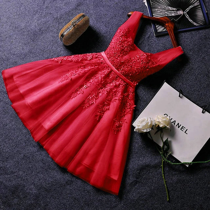S0125 Prom Dress Short Pink Bridesmaid Dresses Beadings Sexy Neck Lace up Pearls Wedding Party Graduation Gowns-Gennys fashion
