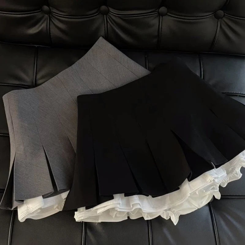 Y2K Ruffles Black Mini Skirt Women Korean Patchwork Pleated Skirts Japanese Kawaii High Waist All Match a Line Skirt New-Gennys fashion