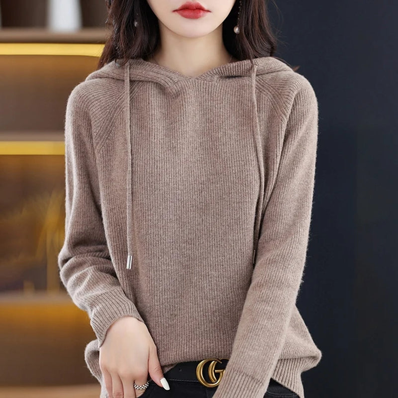 2023 New Cashmere Hooded Sweater Women Long Sleeve Autumn and Winter Knit Hooded Pullover Solid Color Cashmere Base-Gennys fashion