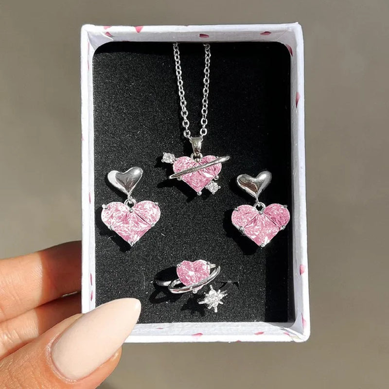 Crystal Angel Wings Heart Pendant Necklaces Set Ladies Girl Simple Y2K Pink White Zircon Love Elegant Necklace Women Jewelry Set-Gennys fashion