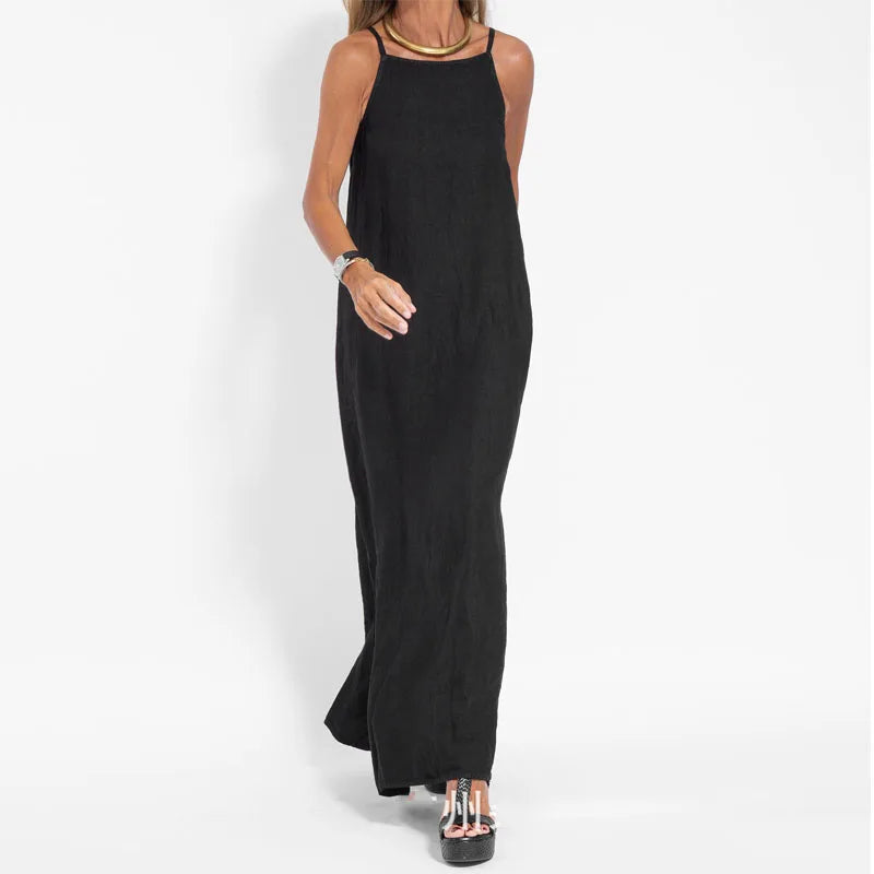Sexy Split Halter Dress Floor-Length Dress Ladies Cotton Linen Breathable Casual Beach Halter Dress Long Dress Party Club Dress-Gennys fashion