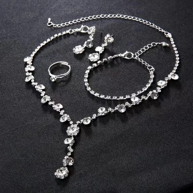 4 Pcs Luxury Wedding Bridal Bridesmaid Crystal Zircon Jewelry Set for Women Tennis Choker Necklace Earrings Rings Bracelet Set-Gennys fashion