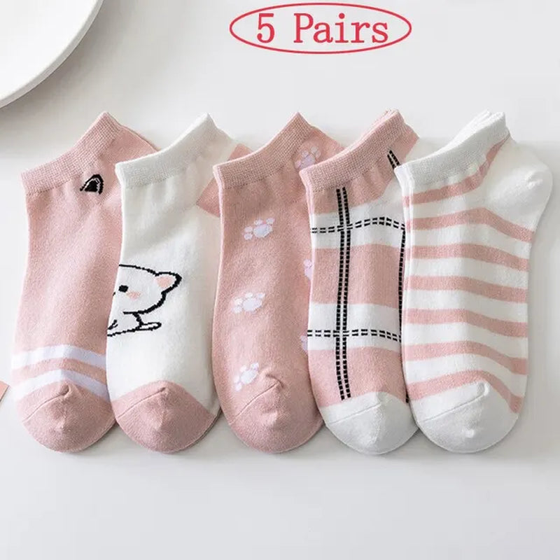 5 Pairs of Cute Cat Fashion Iadies Casual Short Socks-Gennys fashion