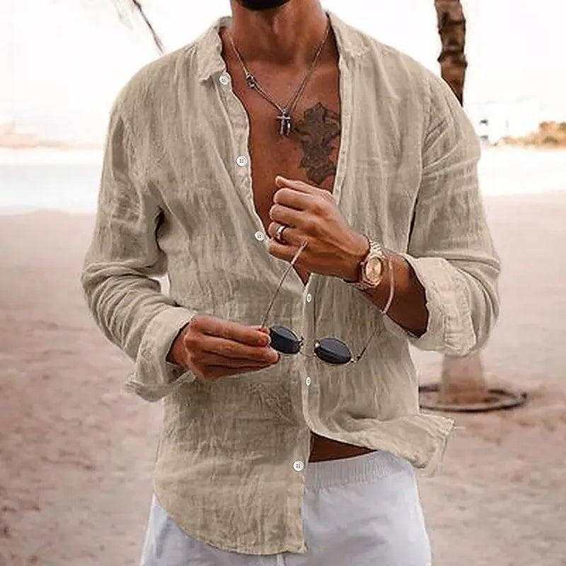 2024 Men'S Cotton Fashion Long Sleeve Shirt Lapel Solid Color Single Breasted Casual Breathable Loose Shirt-Gennys fashion