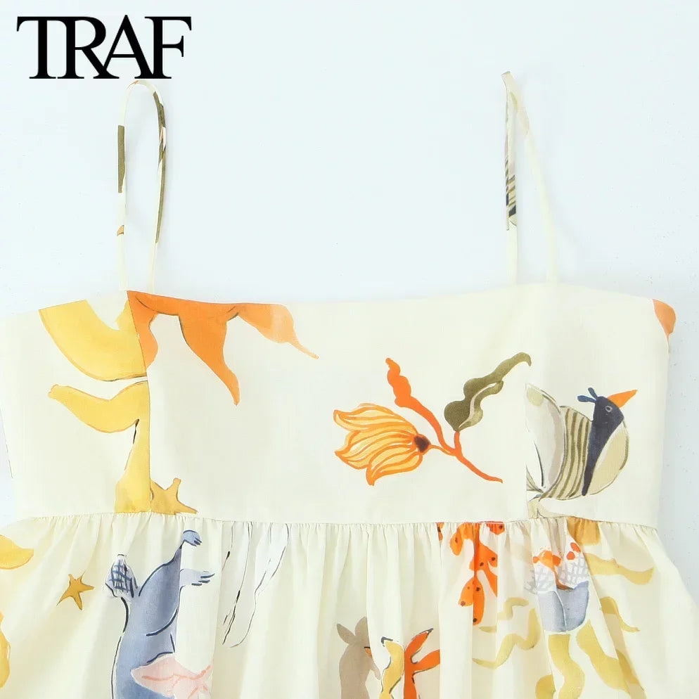 Women Fashion Summer Printing Loose Side Zip Sleeveless Backless Sling Mini Dress Chic Female French Elegance Evening-Gennys fashion