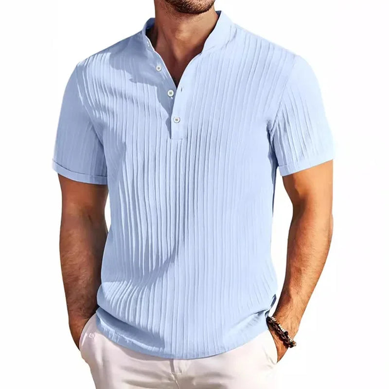 New High-End Embroidered Cotton and Linen Striped Henry Shirt for Men'S Summer Casual Fashion Comfortable Breathable T-Shirt Top-Gennys fashion