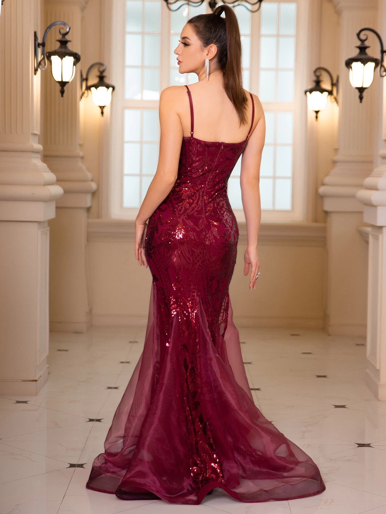 Deep V Neck Sleeveless Cocktail Dress Luxury Spaghetti Strap Sequin Evening Party Dresses Maxi Prom Gown-Gennys fashion