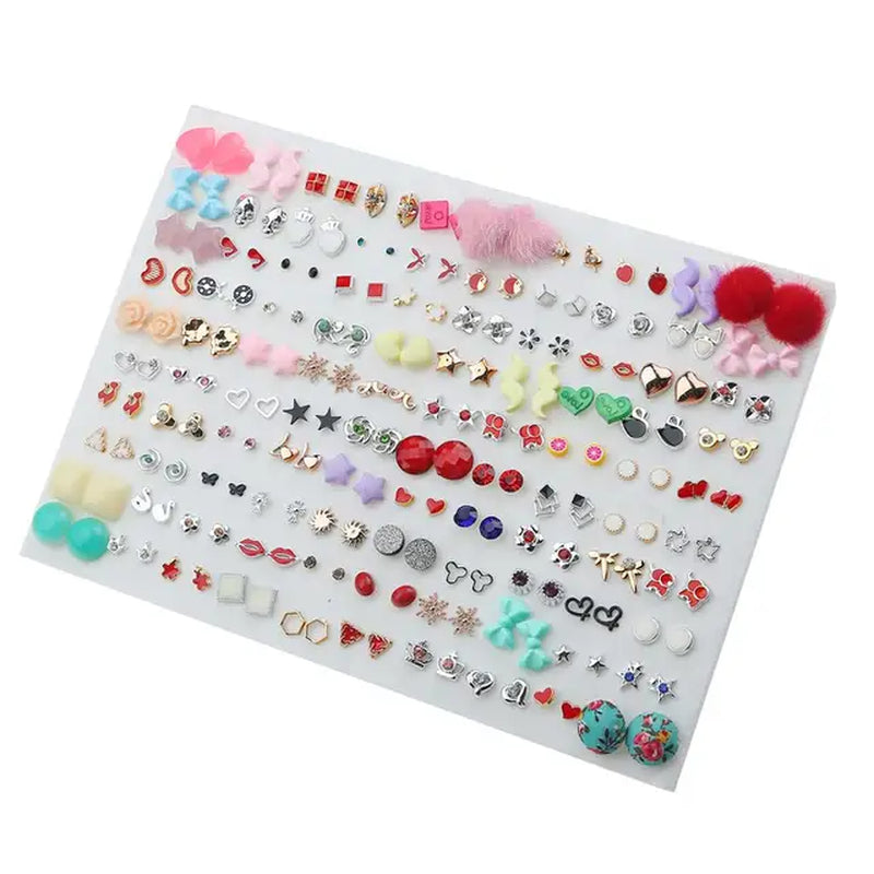 100Pair Women Acrylic Crystal Small Stud Earrings Set Girls Child Heart Star Animal Moon Crown Plastic Geometric Earring Jewelry-Gennys fashion