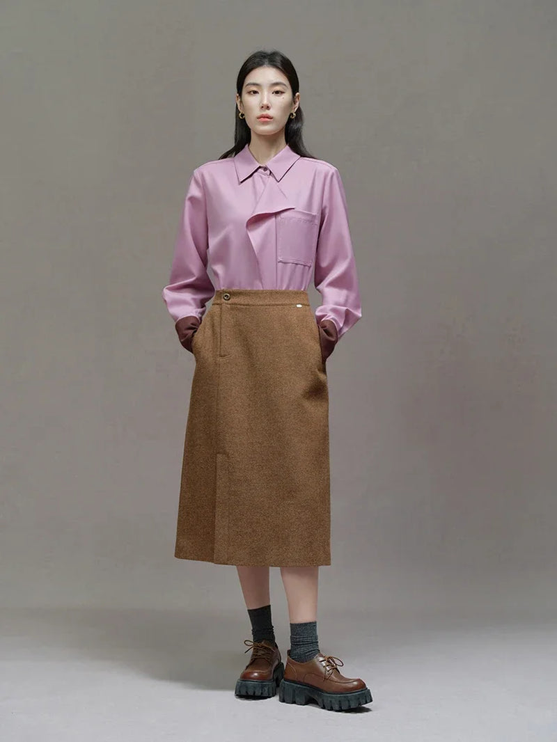 50.2% Wool Pink Temperament Straight Women Winter Blouses Ruffle Edge Design Front Shoulder Shirts Contrasting Cuff Tops-Gennys fashion