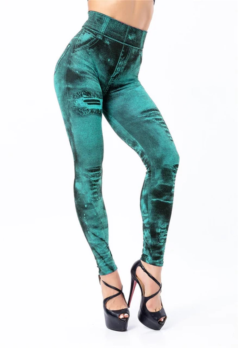 2024 Sexy Astic Imitation Jeans Leggings Women Stretch High Waist Pants Fitness Slim Push up Leggings for Women Summer Breeches-Gennys fashion