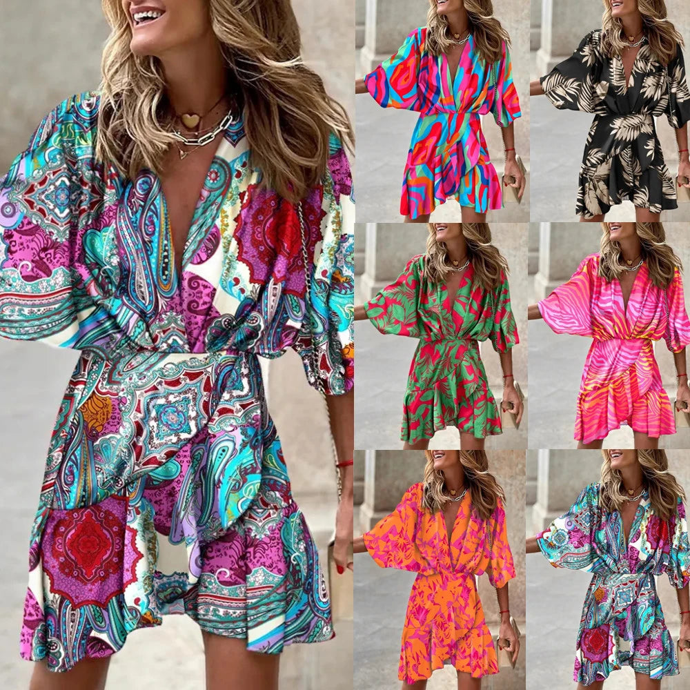 2024 Summer Women Boho Printed Long Shirts Elegant Dress Turn-Down Collar Long Sleeve Female Casual Evening Maxi Dresses Party D-Gennys fashion