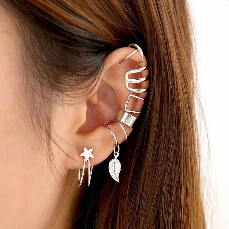 Gold Silver Color Leaves Clip Earrings for Women Creative Simple C Butterfly Ear Cuff Non-Piercing Ear Clip Set Trendy Jewelry-Gennys fashion