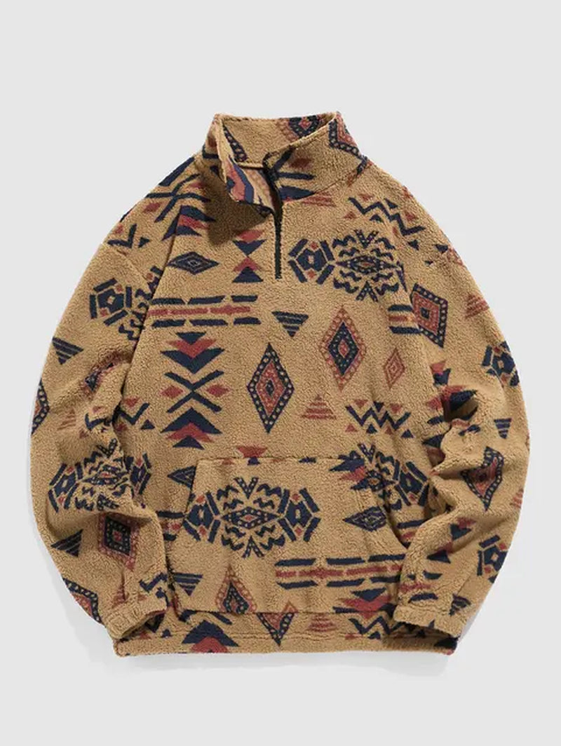 Men'S Turtleneck Hoodie Fuzzy Faux Sherpa Zipper Sweatshirts Ethnic Printed Fluffy Streetwear Pullover Hoodies Z5051921-Gennys fashion
