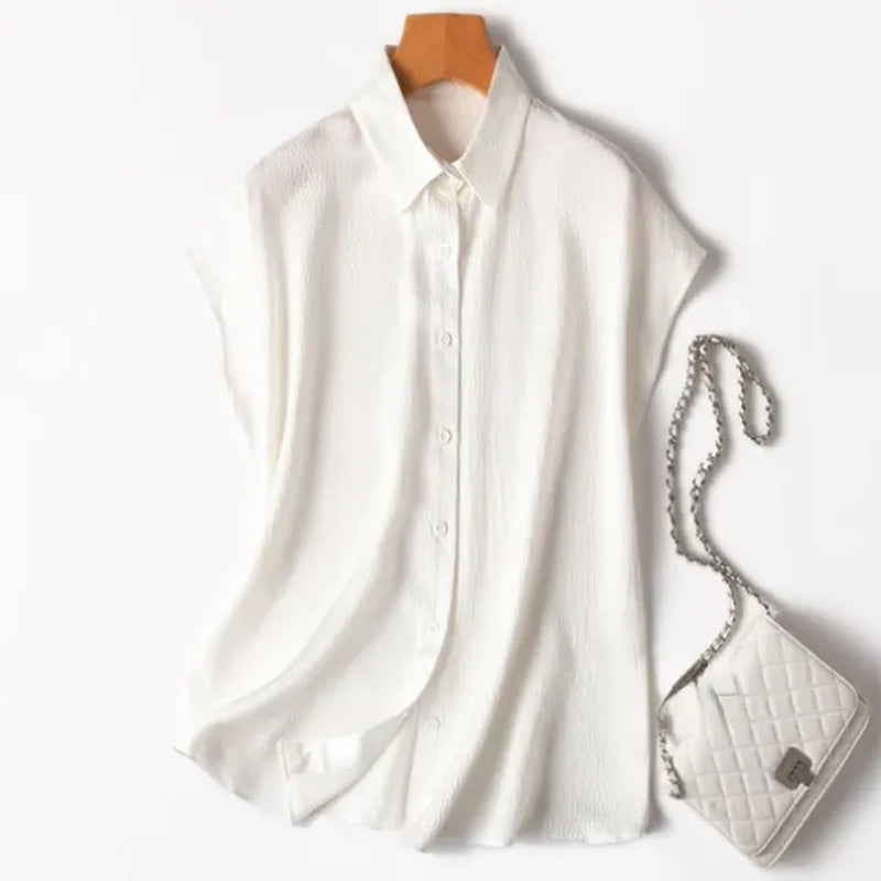 Women 100% Mulberry Silk 20 Momme Heavy Silk Peacock Blue Collared Short Sleeve Buttons down Shirt Top Blouse Office Work MM567-Gennys fashion