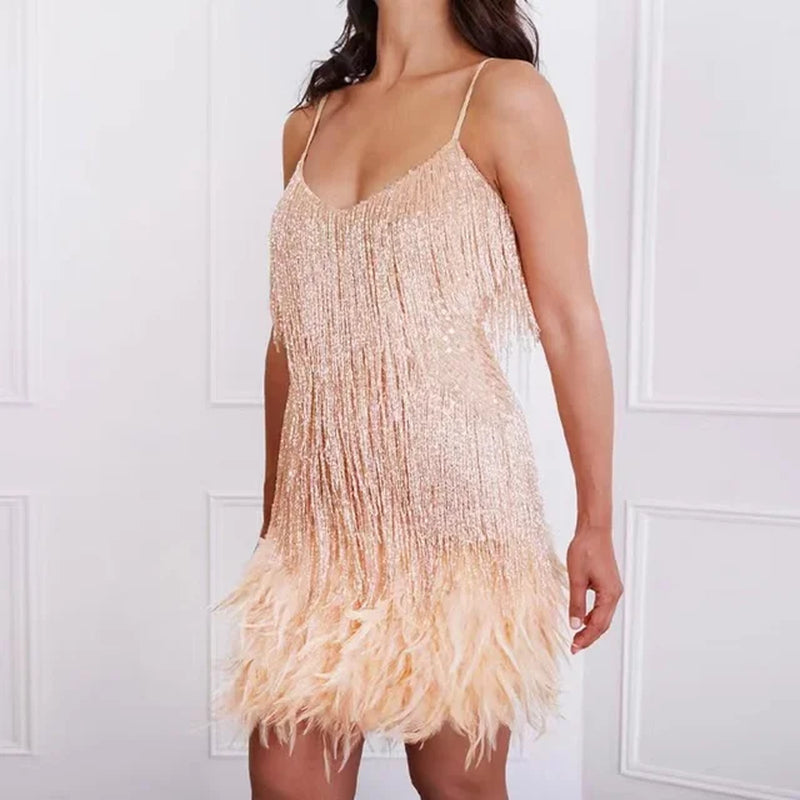 2023 New Sexy Tassel Sequins Feather Mini Dress Women Spaghetti Strap Stitching Dresses Female Elegant Evening Party Club Dress-Gennys fashion