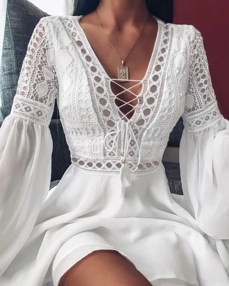 Women'S a Line Dress Short Mini Dress White Black Red Long Sleeve Solid Color Ruffle Patchwork Chiffon Spring Summer Slim V Neck-Gennys fashion