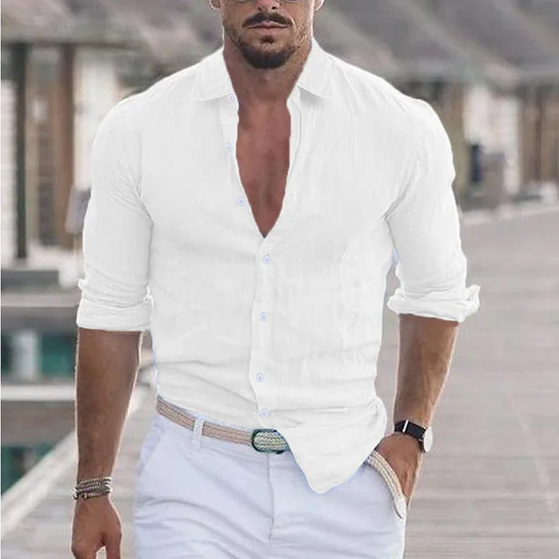 Men'S Summer Cotton and Linen Loose Lapel Beach Shirt Casual Lazy Long Sleeve Solid Color Hawaiian Campfire Holiday Wear-Gennys fashion