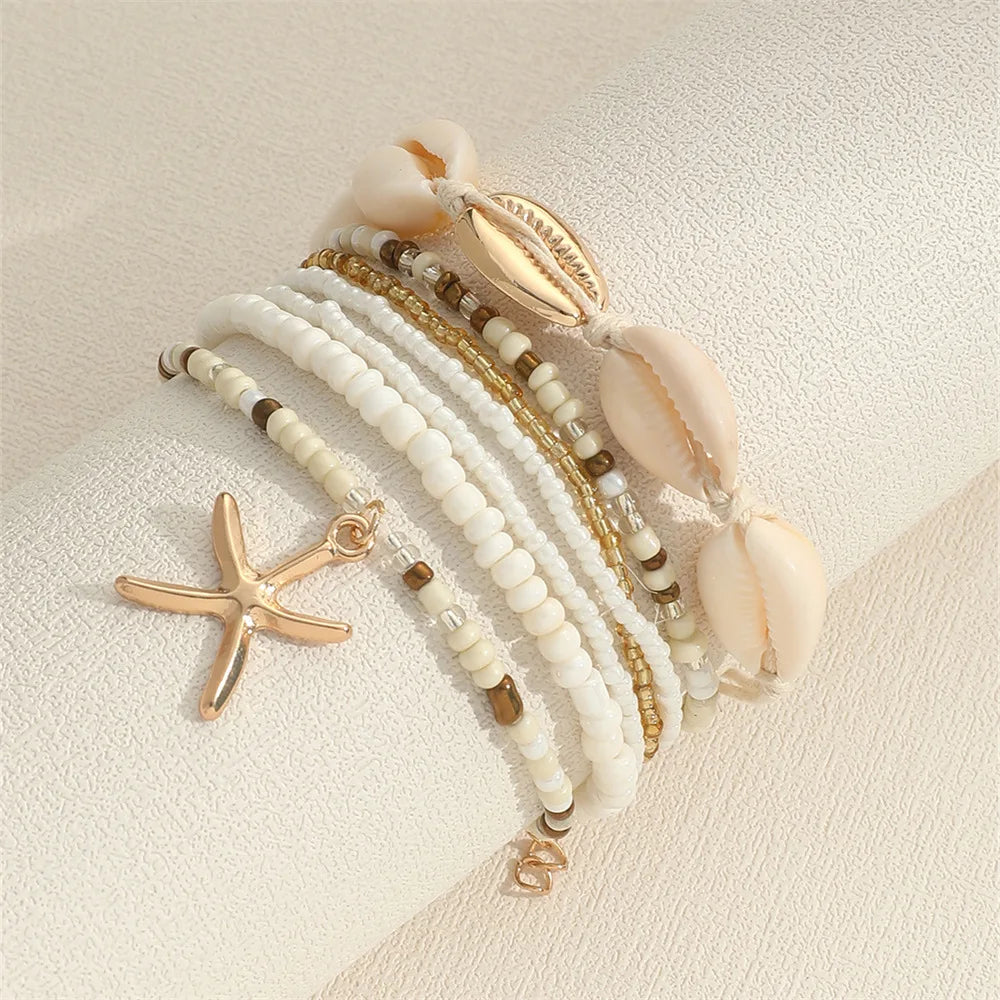 7 Pcs Stackable Starfish Pendant Bracelet Set with Mini Seed Beads - Handcrafted Beach Jewelry for Women-Gennys fashion