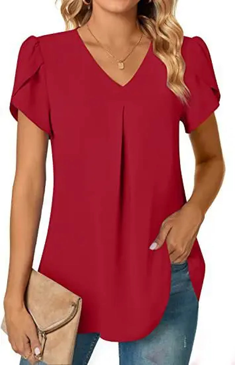 Sexy V Neck Ruffle Short Sleeve Blouse Shirts Summer Women V Neck Solid Color Loose OL Workout Blouse Tops SZE-ST23015-Gennys fashion