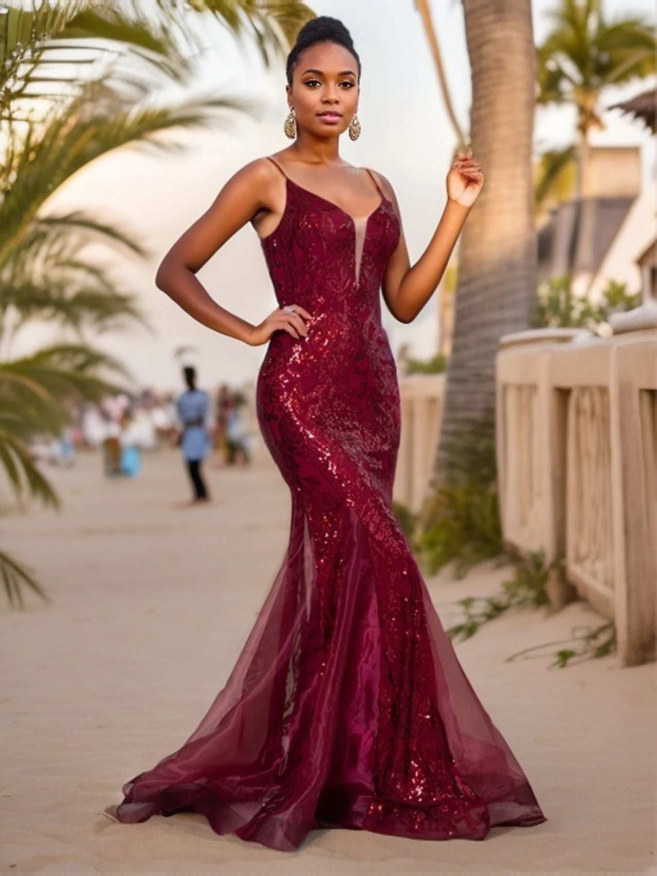 Deep V Neck Sleeveless Cocktail Dress Luxury Spaghetti Strap Sequin Evening Party Dresses Maxi Prom Gown-Gennys fashion