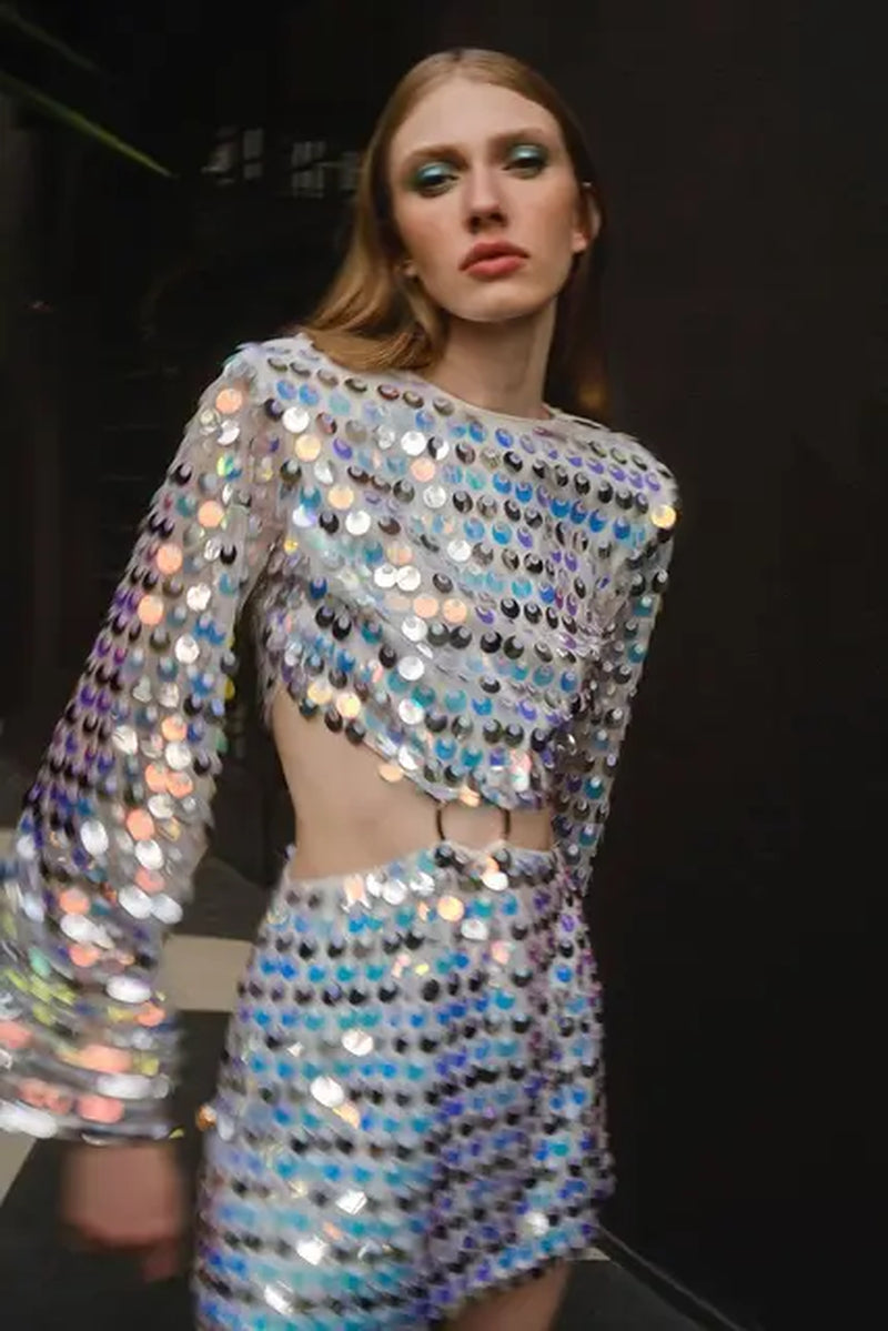 Sequins Hollow Out Mini Dress Woman Fashion Long Flare Sleeve Slim Glitter Dresses High Street Evening Party Club Mini Vestido-Gennys fashion