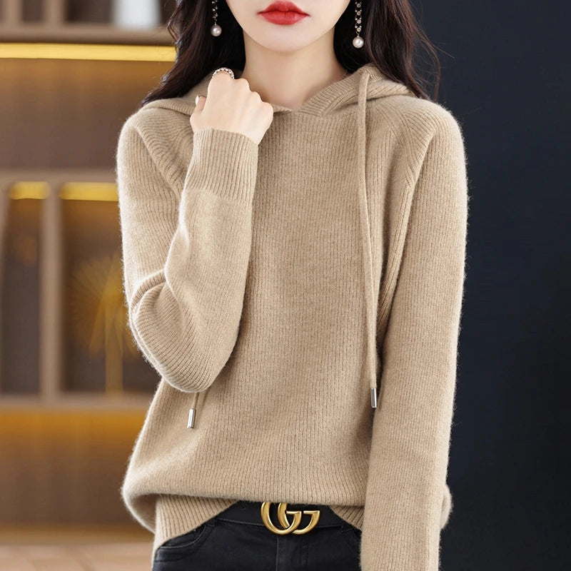 2023 New Cashmere Hooded Sweater Women Long Sleeve Autumn and Winter Knit Hooded Pullover Solid Color Cashmere Base-Gennys fashion