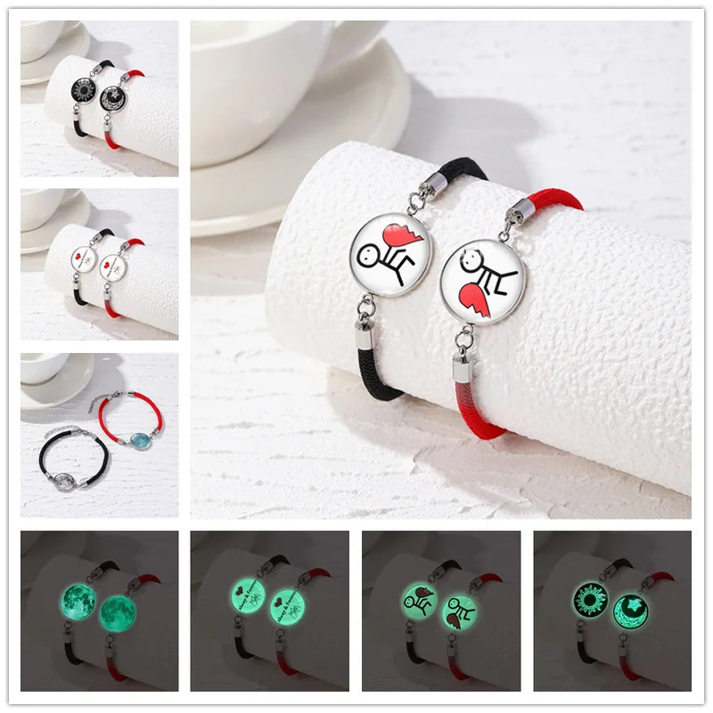 2 Pcs/Set Stainless Steel Couple Bracelet for Women Lover Luminous Sun Moon Rope Charm Friendship Girlfriend Party Jewelry Gift-Gennys fashion
